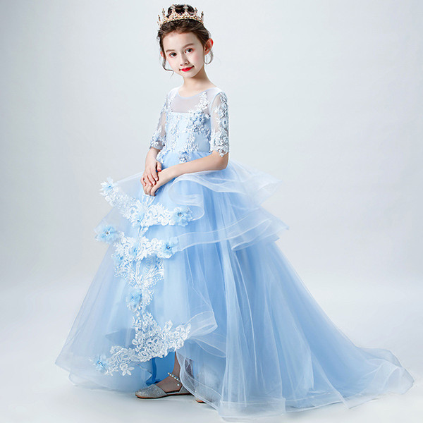 Children's dress catwalk tail girl princess dress fluffy flower girl piano costume small host evening dress