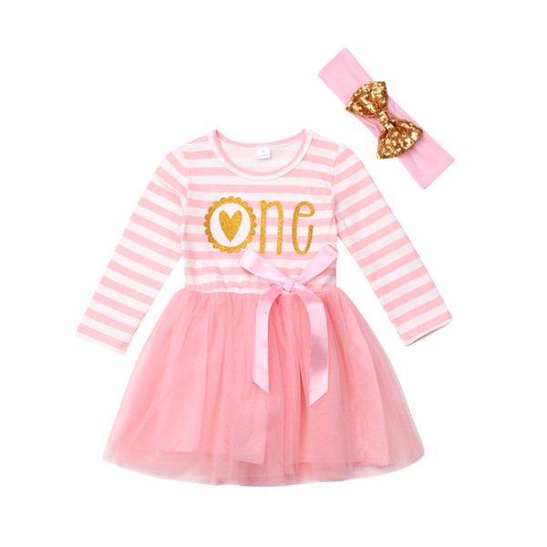 Cute Newborn Baby Girls One Birthday Party Pretty Dress Headband 2PCS Striped Lace Patchwork Knee-Length Tutu Dress