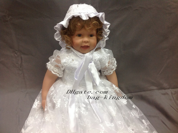 Original design Elegant Christening gown white lace with applique chest back slip and organza flounce bonnet