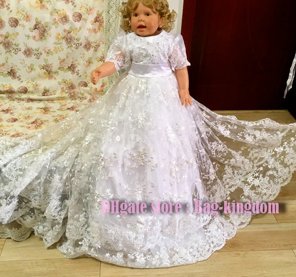 Princess Christening Gowns flower white Lace with two-ply applique and silvery sequin bead Baptism Robe With Bonnet