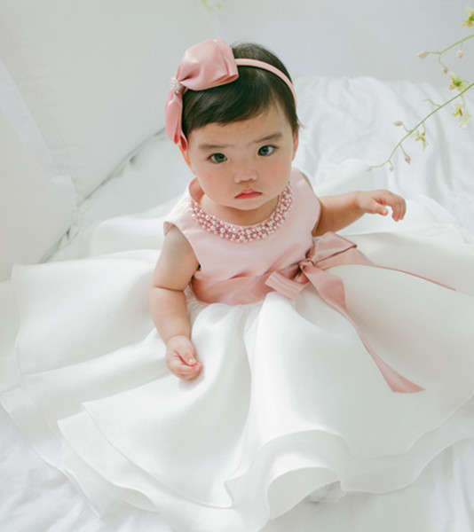 Princess Flower Christening Dress Pearl Princess Dress Flower bowknot Baby Dress Girl Wedding Birthday Big Bow