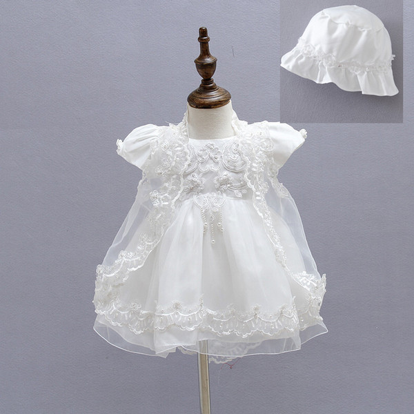 Tulle Lace Baby Girls Christening Gown Dresses+Hat+Shawl Vestidos Infantis Princess Wedding Party Lace Dress for Newborn Baptism 3PCS/SET