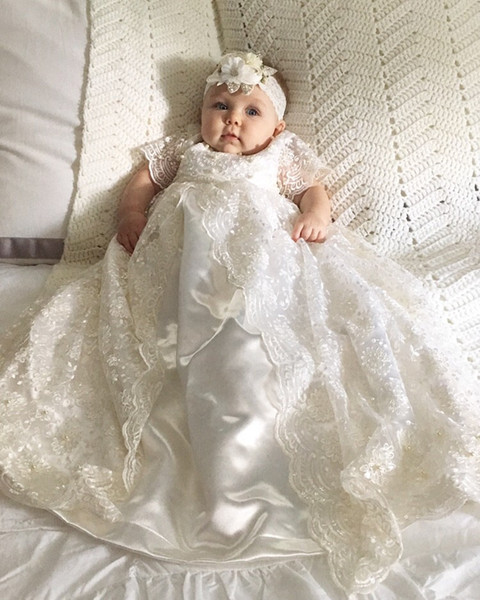 New Lace Christening Dresses For Baby Girl With Half Sleeves Baptism Gown Cheap Kid First Communication Dress