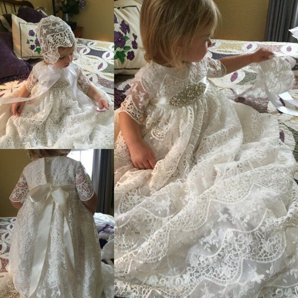 Baby lace hollow embroidery christening dresses girls rhinestones Bows belt long baptism dress kids lace first communication gowns Y1105