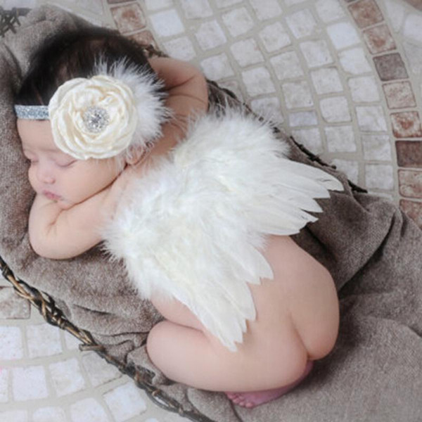 Newborn Baby Clothes Baby Girl Boy Beige Feather Angel Wing + Flower Headband Photography Props kids clothes high quality girls dresses