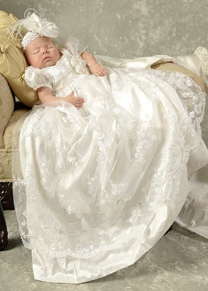 Princess White Lace Baby Christening Dresses Kids Baptism Gowns Short Sleeves Vintage Baby Girls And Boys Christening Gowns