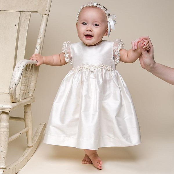 Cute Baby Christening Dresses 2016 Hot Sale Ivory Taffeta Short Sleeve Applique Ankle Length Baptism Gown With Headband Custom EN110512