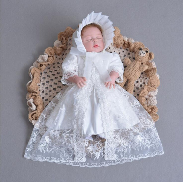 Baby Girl Baptism Gown Christening Dress Girls Dresses Lace Baby Princess Dresses Newborn Wedding Skirt Hat + Short-sleeved Lace Coat