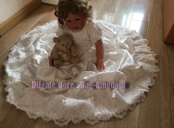 Grace christening gown by Bag-kingdom Pearl ivory white silk satin with beaded lace and fit hat