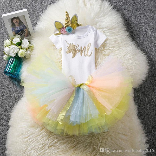 1 Year Girl Baby Birthday Dress Romper+Tutu Dress+Headband Cheap Newborn Clothes 12Months Christening Gown Toddler Unicorn Dress