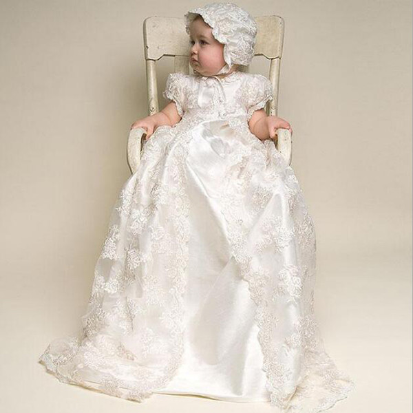 Baby Infant Christening Gowns With Hat Top Quality Pearl Accessories Birthday Lace Long Dress Elegant Dress For Newborn Baby Girls