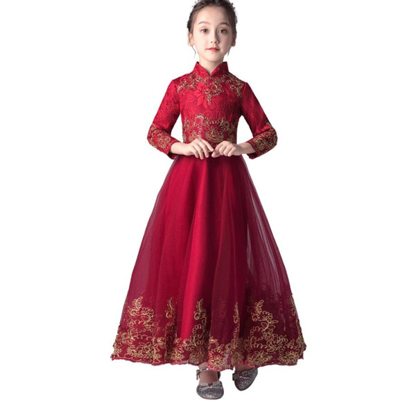 Wine-red French Girl Dresses Princess Skirt Long-sleeved Flower Girl Wedding Dresses Children's Piano Host Performance Dresses