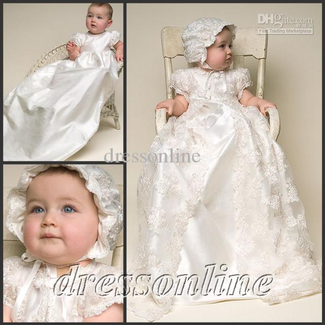 Cheap Lovely Long White and Ivory Color Available Lace Baptism Christening Gowns Baby Dress Gown With Hat for Baby Girls Baby Boys