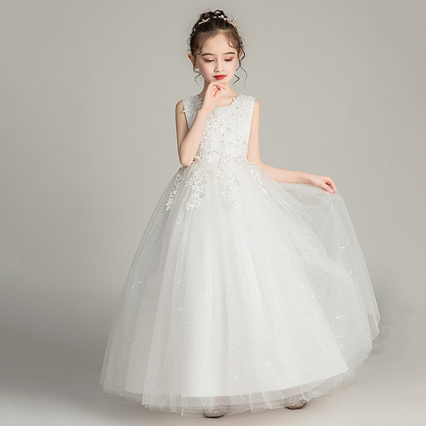 Children Long Wedding Dress White Sleeveless Elegant Skirt Fluffy Mesh Princess Dress Junior Sweet Girls Party Costumes