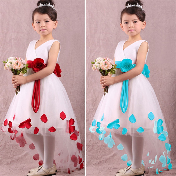 New Girls Red Cotton V Neck Princess Dress With Flower Belt For Children Clothes Kids Summer Party Dresses