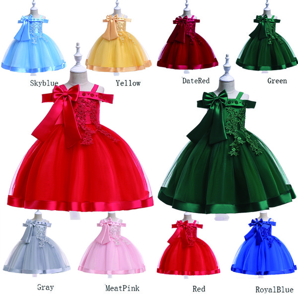 Girls Party Dresses Princess Wedding Skirt Fashion Bow Kids Clothing High-grade Embroidered Party Dresses Off Shoulder Dress 6 color