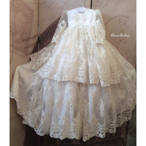 Hot Slae Baby Christening Gowns Lace Applique Long Sleeve Sequins Baptism Dresses Flower Girl Formal Communication Dress