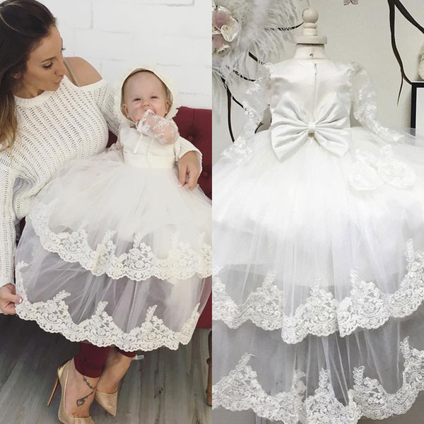 Nice Appliques Christening Dresses With A Bow Long Sleeves Tulle Pageant Dress Lace-up First Communion Baptism Gowns