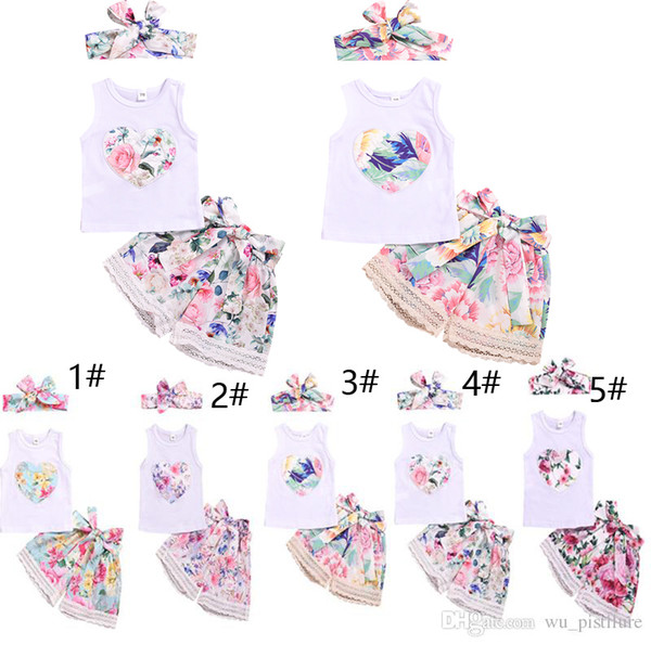 Summer Baby Clothes Gril's Sleeveless Vest T-shirt With Printed Flower+Pants With Floral Pattern+Bandeau 3 pcs 1 Sets