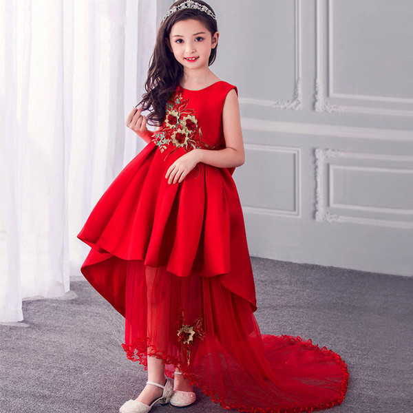 2018 top grade girls formal elegant train lace dresses children red detachable kids long tail evening gown party wedding