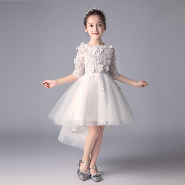 Girl White Tail Princess Skirt, Flower Girl Peng Yarn Evening Dress, Wedding Dress, Children's Middle Sleeve