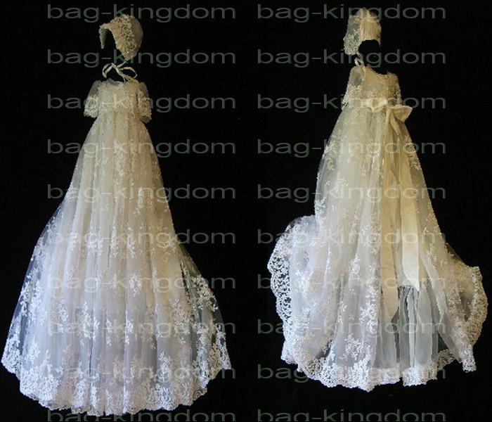 Stunning Christening baby long gown ivory White lace with hat Custom-made size New arrived 013