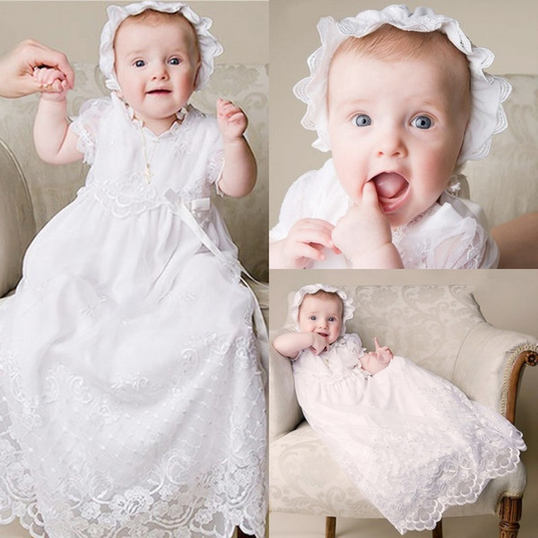 2017 High Quality Baptism Gown Baby Girls Christening Dress White Lace Applique Toddler Robe With Bonnet 0-24 Month