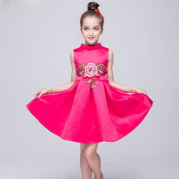 2018 summer big girls princess floral dresses party wedding flower satin cotton A-line red children kids evening gown