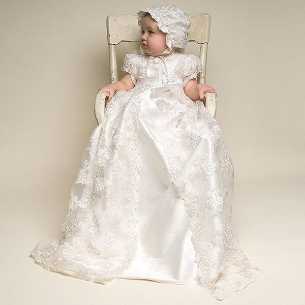 Stunning Baby Lace Satin Christening Baptism Gowns with Bonnet Beige