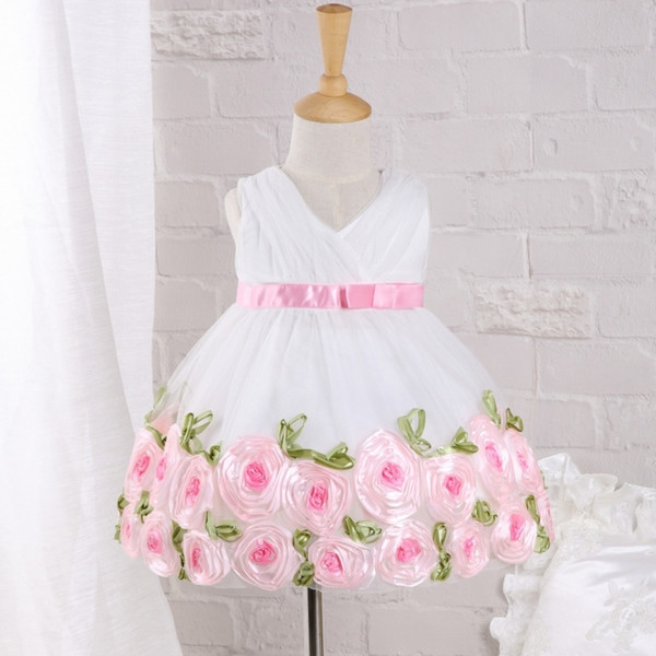 0-2Y) dresses girls baby girl pink rose flower white chiffon dress princess dress bebek elbise Christening gown birthday party free shipping