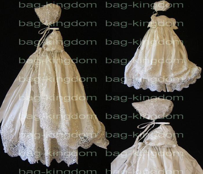 Christening Girl gown Ivory white silk with applique beaded and fit hat Custom-made size