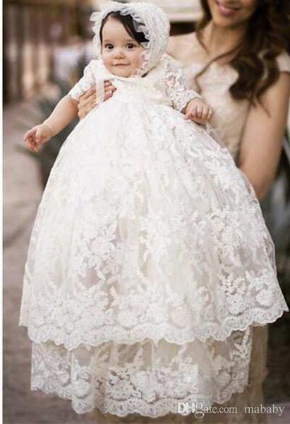 High Quality Baptism Gown Baby Girls Christening Dress White Lace Applique Toddler Robe With Bonnet 0-24month