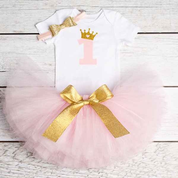 First Birthday Baby Girl Clothes Sets Newborn Toddler Girl Christening Party Costume For Kids Suits Romper Skirt Headband Set