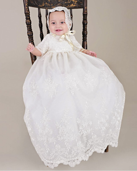 Retro lace Christening and Beptism Baby Dresses Handmade Stunning Baby Lace Satin Christening Baptism Gowns with Bonnet Beige 3-24M