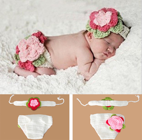 Crochet Flower Set Photography Props Design Baby Newborn Photo Props Knitted Baby Flower Costume Crochet Baby Christening Accessories