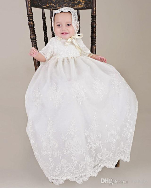 New Arrival Noble Baby Girls Christening Dress White Beige Baptism Gown Lace WITH BONNET Dress 0-24month