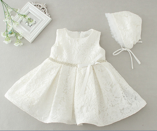 Newborn High Quality 2pcs/set 2016 summer lace baby Baptism Dress Christening Gown Girls' party Infant Princess wedding dress+baby hat/caps