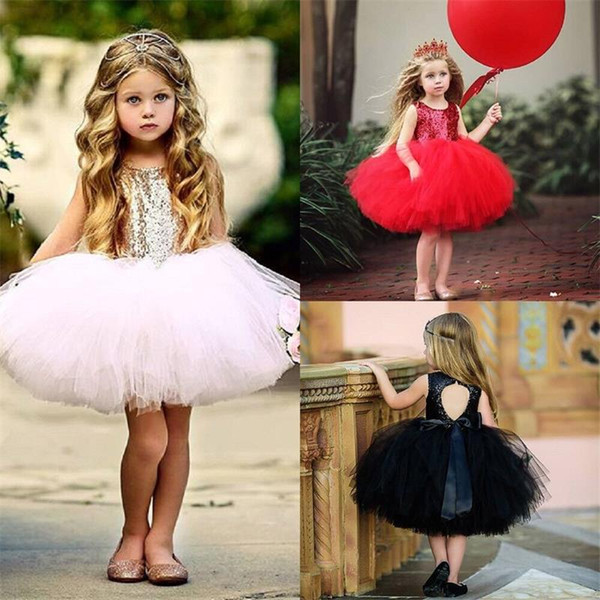 Princess Kids Baby Fancy Wedding Dress Sleeveless Sequins Party Dress For Girl Tutu Tulle Back Hollow Out Party Formal Dresses