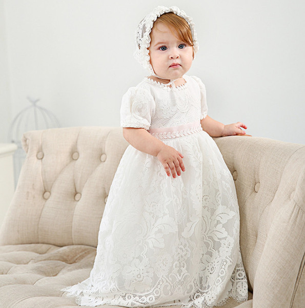 Baby girls long dress infant kids 1st birthday dress girls lace gauze embroidery Bows belt christening dress+lace hat 2pcs sets F7161