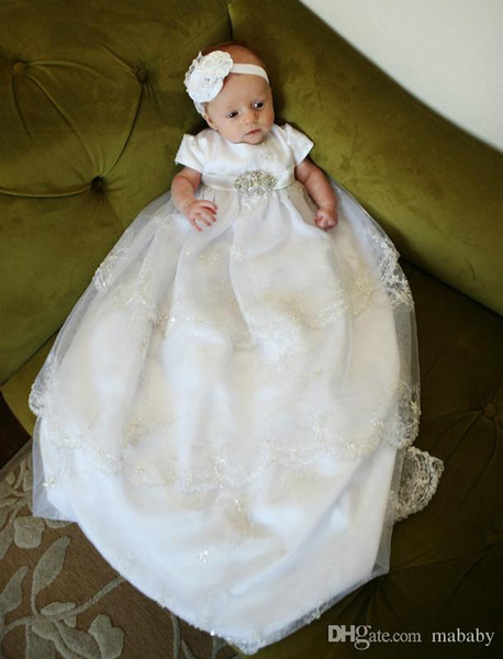 New Lace Appliqued Christening Dresses For Baby Girls With Sleeves Jewel Neck Long Pearls Baptism Dress Tulle First Communication Gowns