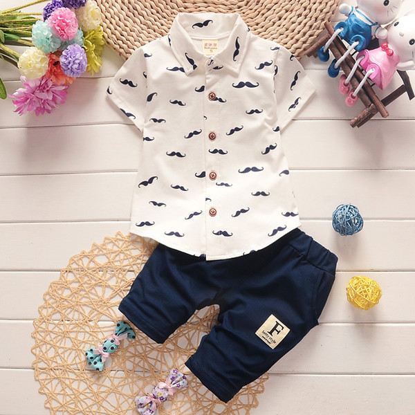 Summer Baby Boy Clothes Shirt And Pants Gentleman Style Kid Lovely Beard Lapel 2 Pcs Sets Infant Casual Suits Children Tracksuit