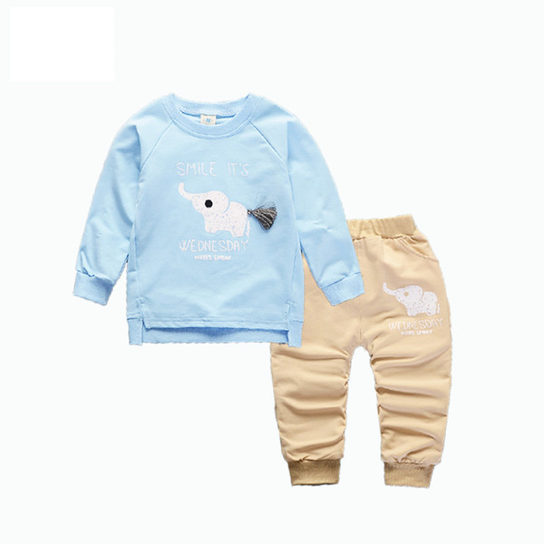 2018 New Spring Autumn Baby Children Boys Girls Cartoon Elephant Cotton Sweater Clothing Sets Long Sleeve Pant Sports Clothes