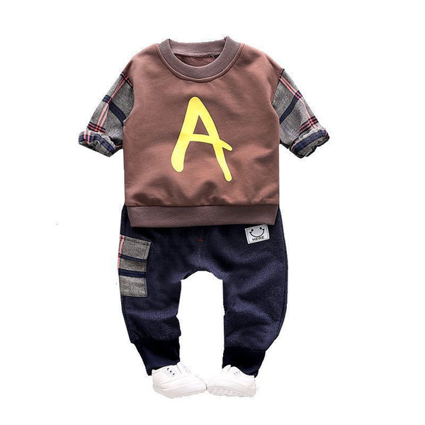 Spring Autum Baby Girls Boys Clothing Children Infant Clothes Suits Plaid Letter A T Shirt Pants 2Pcs/Sets Kids Toddler Costume