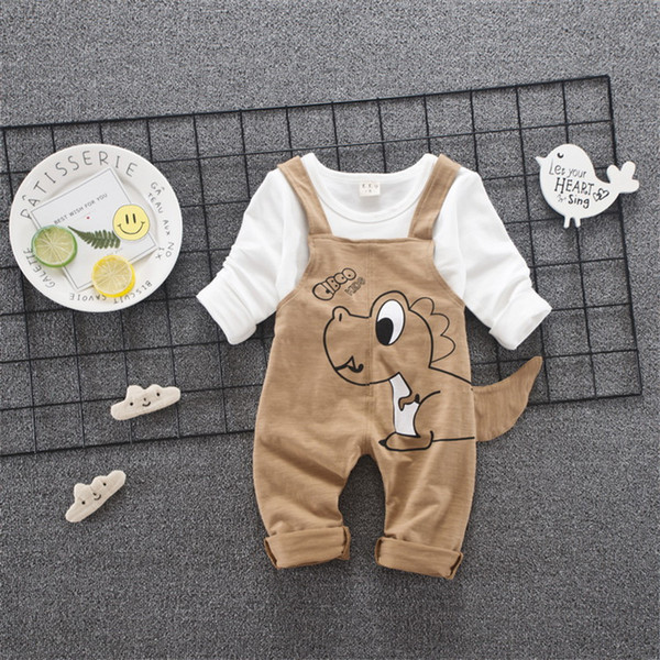 2018 New Spring Children's Baby Girls Boys Cotton Cartoon T Shirt Dinosaur Straps Pants Child Fashion Leisure Sports Kids Suits