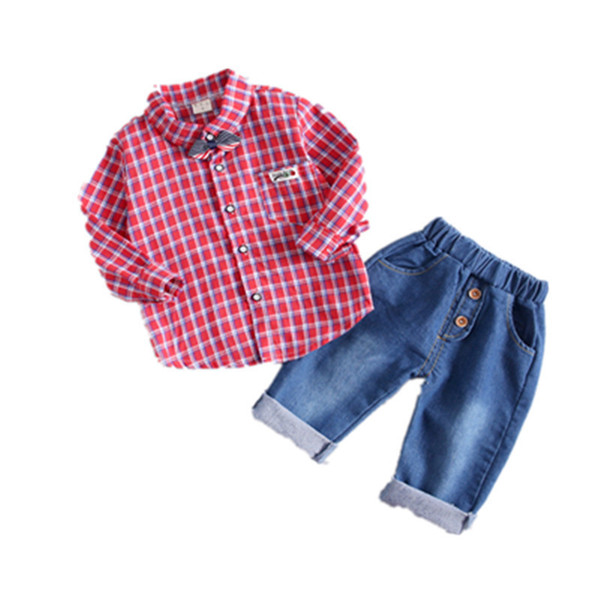 Spring Autumn Baby Boys Girls Clothing Toddler Fashion Casual Tie Plaid Shirt Jeans 2pcs/sets Kids Clothes Children Sport Suit