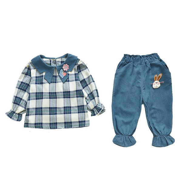 Spring Autumn Fashion Cute Baby Girls Casual Plaid Shirt Pants 2pcs/sets Infant Cartoon Tracksuit Children Cotton Clothing Suits