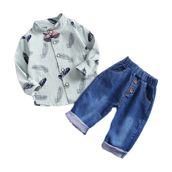 Spring Autumn Kids Cartoon Lapel Bow Shirt Jeans 2Pcs/Sets Baby Boys Girls Gentleman Clothing Children Leisure Suits Infant Sets