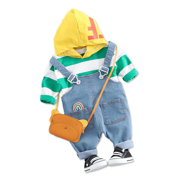 Spring Autumn Baby Boy Girl Clothes Infant Rainbow Striped Hoodie T Shirt Bib Pants 2pcs/sets Children Fashion Casual Sport Suit