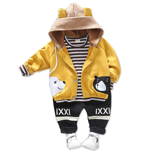 Children Girls Boys Cotton Clothing Spring Autumn Kid Cartoon Hooded Jacket Stripe T-Shirt Pants 3Pcs/Set Fashion Baby Tracksuit