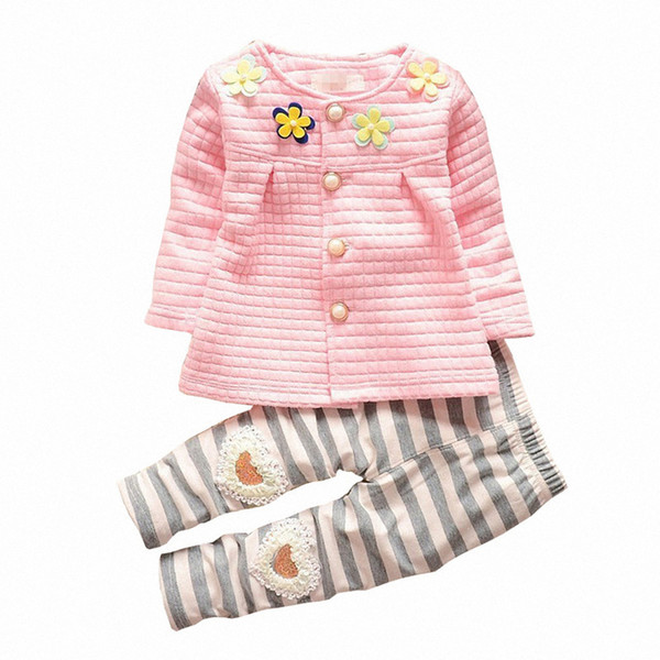 2018 New Brand Fsihon Baby Girls Flower T-shirt Striped Pants 2pcs Newborn Clothing Set Sport Suits Kids Casual Tracksuits